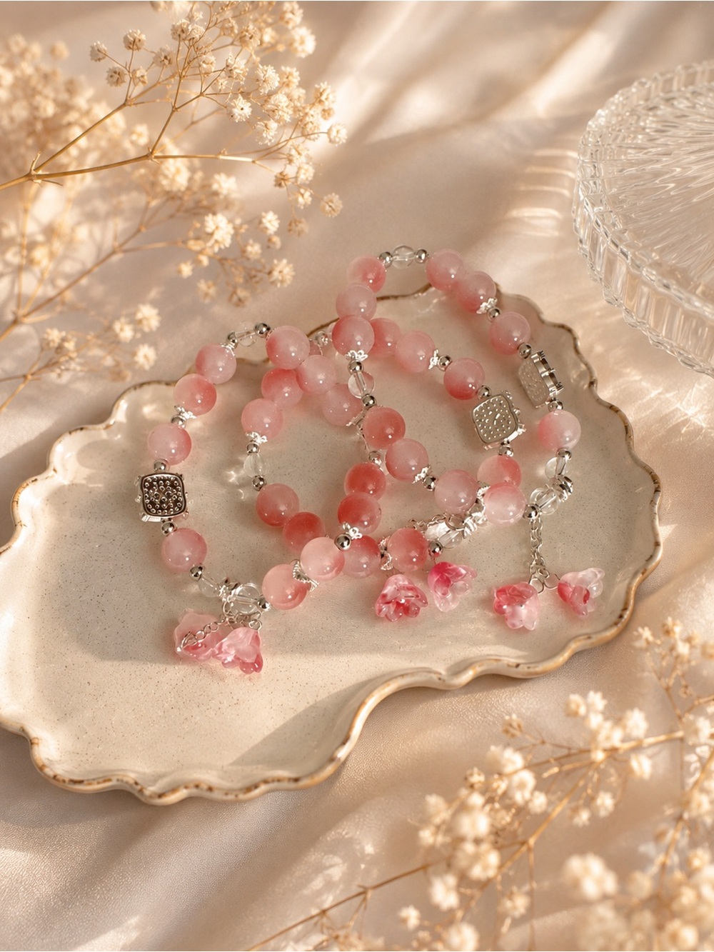 Pink Beaded Floral Charm Bracelet - Women Jewelry